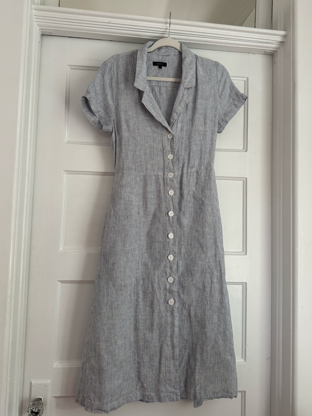 Quince - 100% European Linen Button Front Dress in Blue Pinstripe - Picture 5 of 7